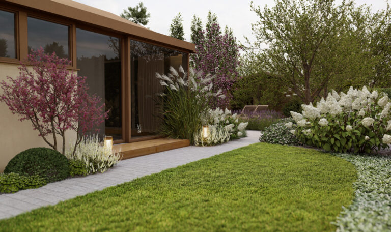 Szerokie okno tarasowe z widokiem na ogród