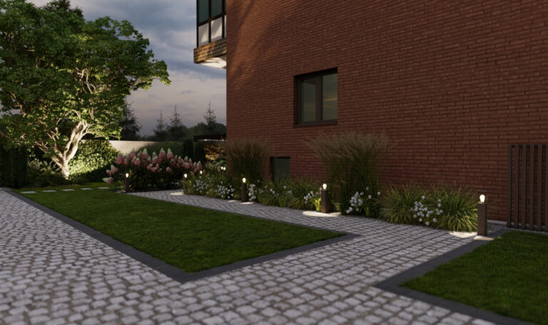 Ogród w Rudzie śląskiej z podświetleniem ścieżki