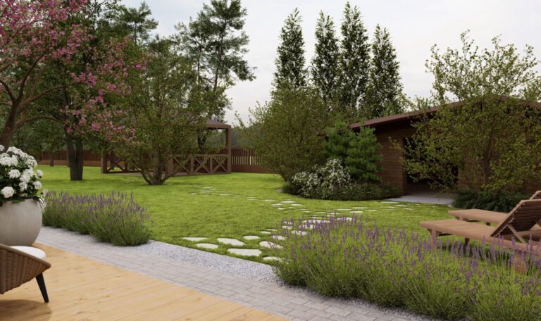 Zielony, przydomowy ogródek z kamienną ścieżką