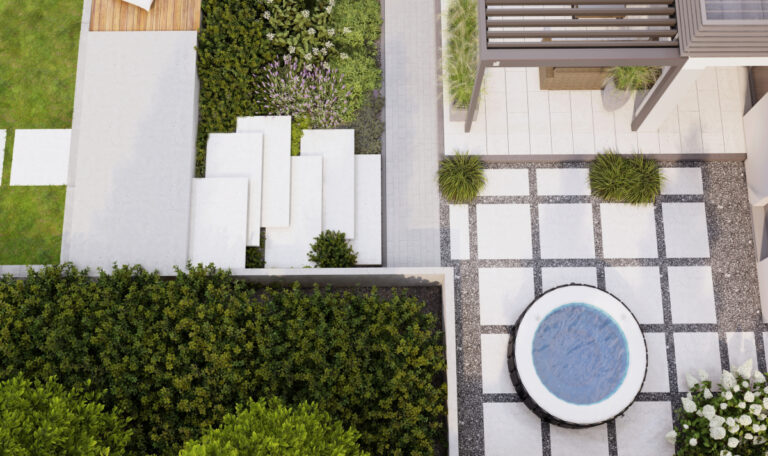 Piękny, nowoczesny ogród z jacuzzi w strefie wypoczynkowej