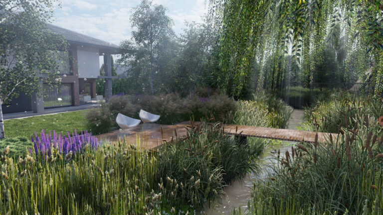 Roślinność przy pomoście w ogrodzie w Dąbrowie Górniczej