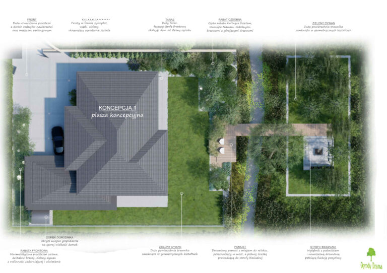 Projekt ogrodu z pomostem w Dąbrowie Górniczej - rzut z góry