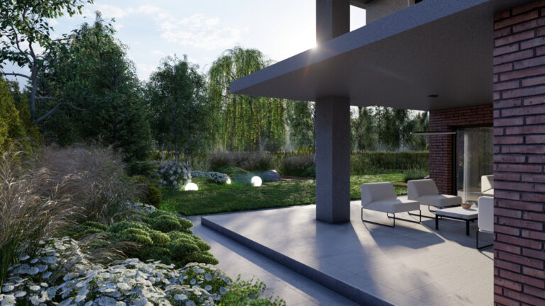 Taras w przydomowym ogrodzie przedzielonym rzeczką