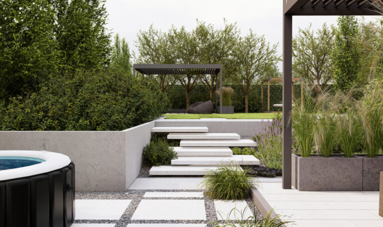 Wyłożone betonowymi płytami ścieżki w nowoczesnym ogrodzie - Sosnowiec